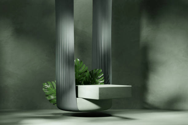 istock 3D rendering green platform podium with plant leaves product presentation background 2158979844