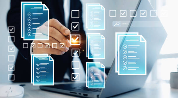 istock Businessman check virtual electronic documents  and checklist approve. Business productivity checklist and filling survey form.Fast checklist and clipboard task management. 2158980570