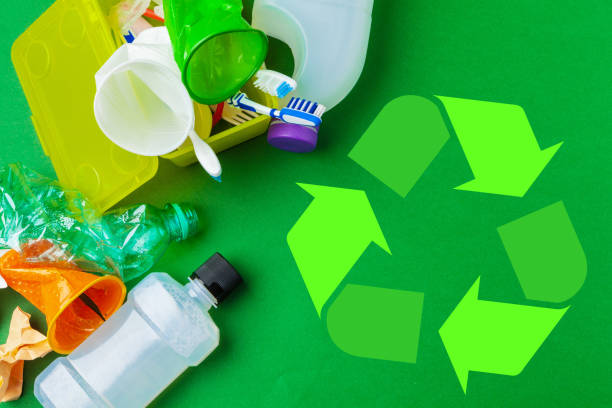 istock Eco concept with recycling symbol on table background top view 2158982211