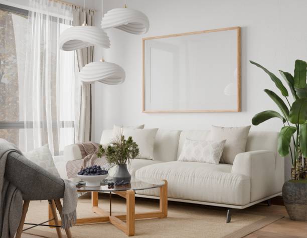 istock Mockup poster wood frame in empty picture living room, element cozy interior horizontal, on the wall. in illustration 3d rendering 2158982770
