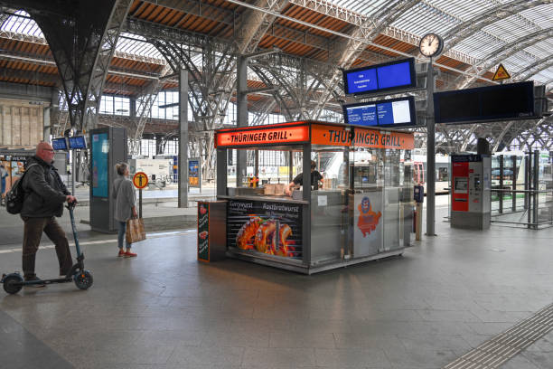 Leipzig, Saxony, Germany, May 2, 2024 - A kiosk for Thuringian bratwurst at Leipzig Central Station