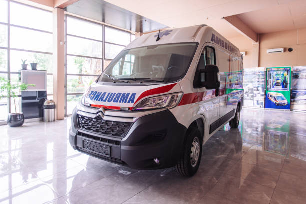 istock Brand new ambulance parked inside a showroom 2158987127