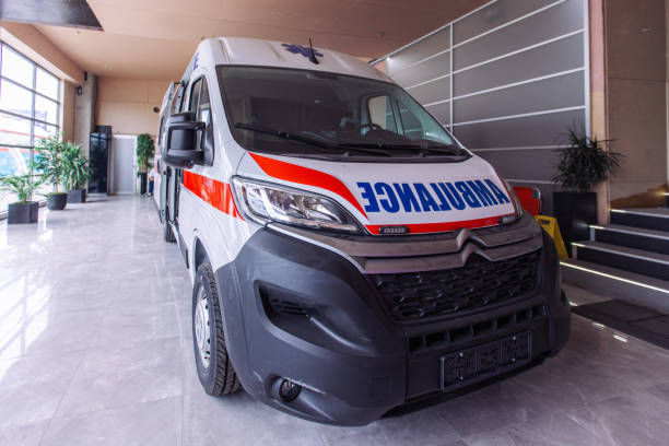 istock Brand new ambulance parked inside building waiting for emergency call 2158987186