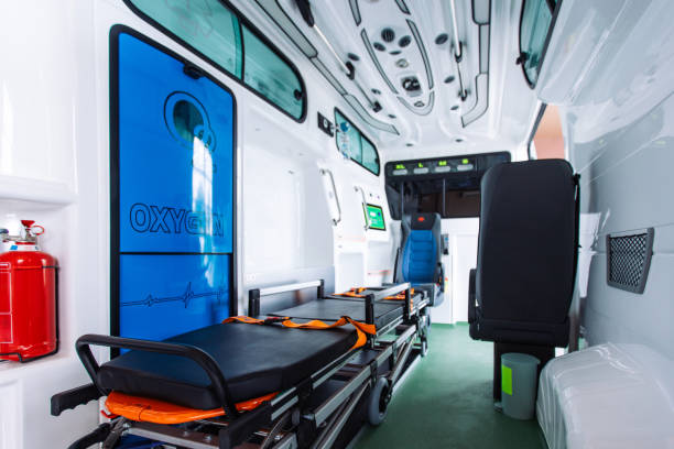istock Empty stretcher waiting for patient in modern ambulance interior 2158987368