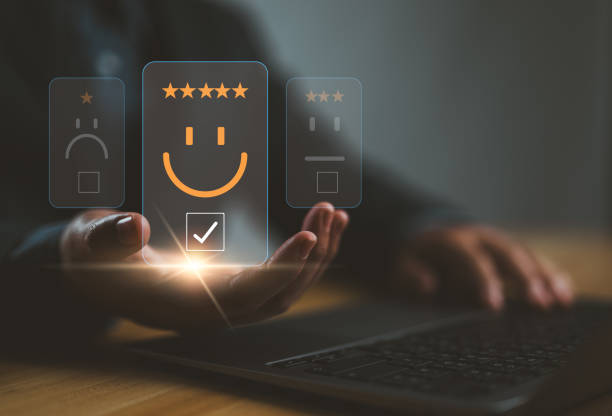 istock Client or consumer give rating to service experience on online application, Customer review satisfaction feedback survey, evaluate quality of service leading to reputation ranking of business. 2158990262