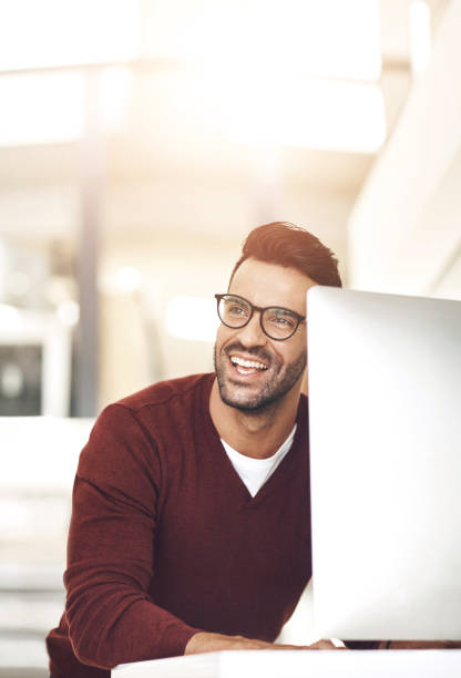 istock Happy, working and computer with business man and smile from digital writing and seo work at creative agency. Idea, thinking and tech at startup with internet search, planning and professional 2158990392