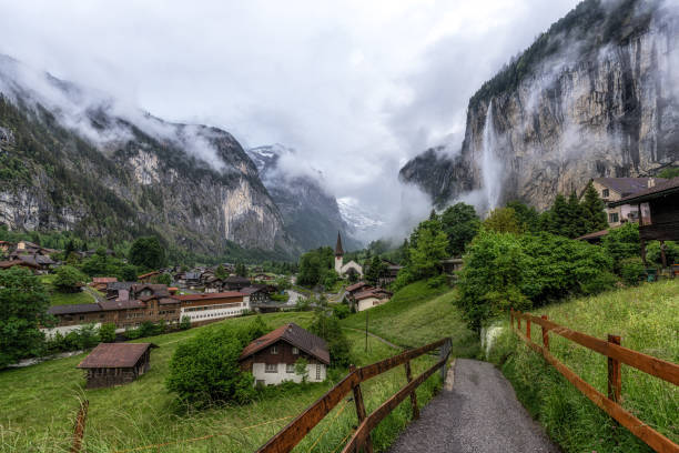 The view of Lauterbrunnen and village town and Staubbach waterfall taken in the morning. Famous tourist attraction in Switzerland