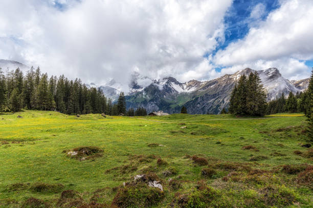 Various Bernese Alps mountain views along Oeschinensee lake hiking path. Taken in Kanderstag, Switzerland
