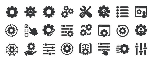 Settings glyph solid icons collection. Containing configuration, maintenance, service, tools, wrench, gear. For website marketing design, logo, app, template, ui, etc. Vector illustration.