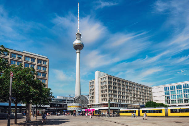 istock yellow tram at Alexanderplatz in Berlin in summer 2159000699