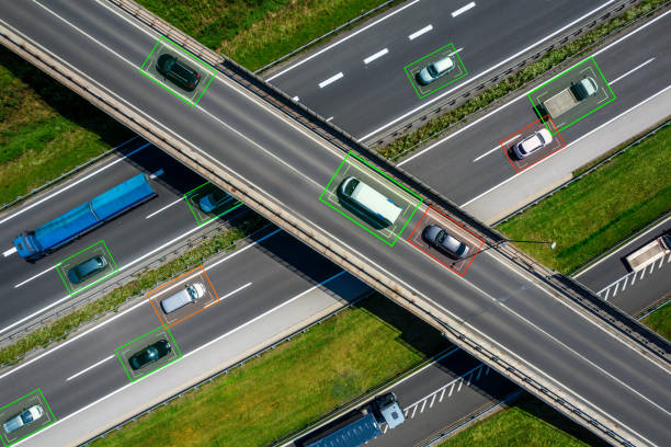 Aerial view of highway with intelligent transport monitoring