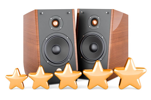Musical Speakers with five golden stars. 3D rendering isolated on white background