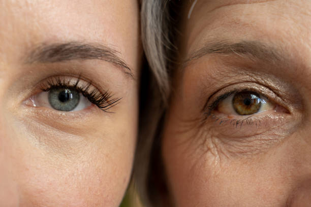 A close-up comparison of the eyes of a young woman and an older woman, highlighting the visible differences in skin texture and wrinkles. stock photo