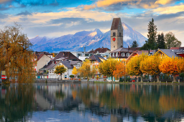 istock Interlaken, Switzerland on the Aare River at dawn with river reflections. 2159007204