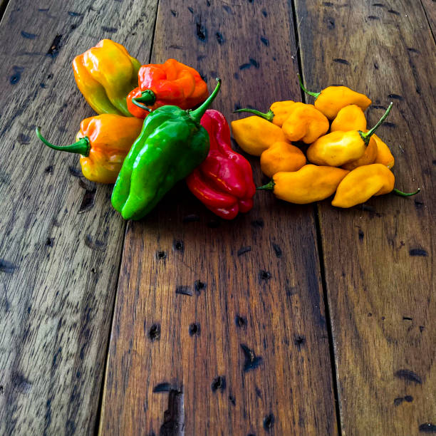 Yellow chilly peppers and sweet green and red peppers over rustic wood table in the kitchen at home
