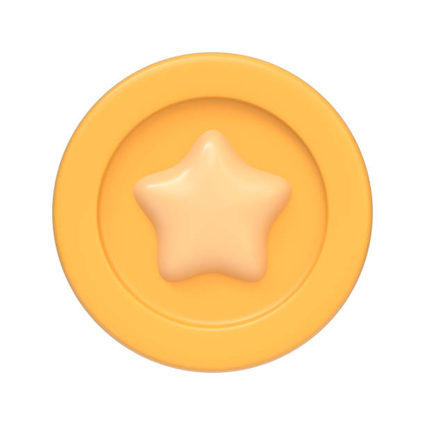Gold coin with star isolated on white background. 3D icon, sign and symbol. Cartoon minimal style. Front view. 3D Render Illustration