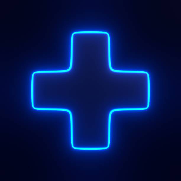 istock Plus sign with bright glowing futuristic blue neon lights on black background 2159013329