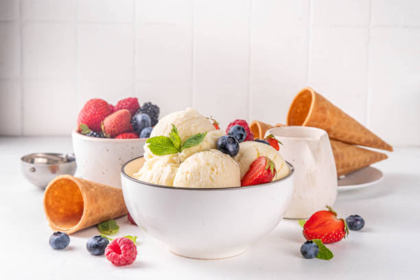 istock White ice cream bowl with vanilla gelato and fresh berries 2159014250