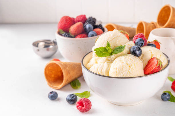 istock White ice cream bowl with vanilla gelato and fresh berries 2159014252