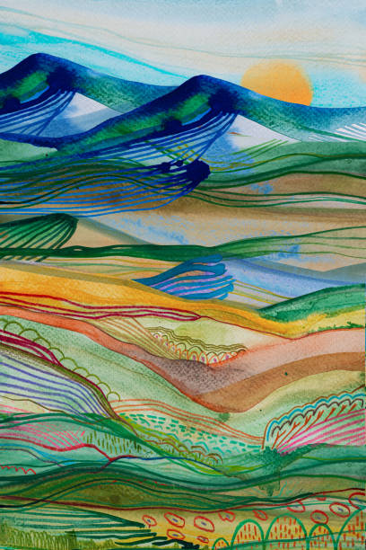Artistic depiction of natural scenery Abstract illustration of a dreamy landscape with colorful lines watercolor painting landscapes stock illustrations
