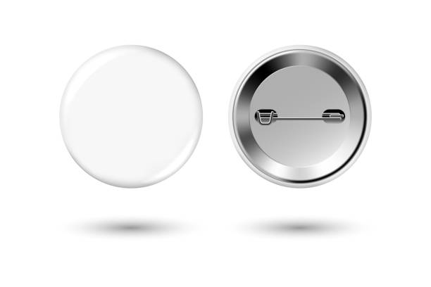 istock White badge mockup. Round badge button brooch. Realistic white blank glossy round button badge pin with metal back cover. Vector illustration. 2159017059
