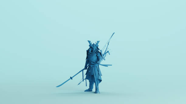 Blue samurai warrior traditional Japanese culture geometric sword pale background front view 3d illustration render digital rendering