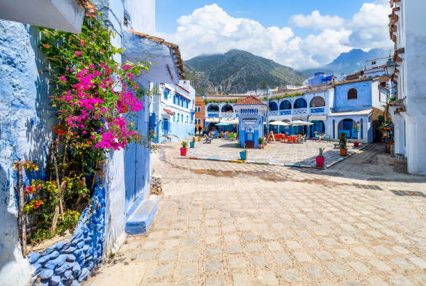 Blue city of Chefchaouen, Morocco Blue city of Chefchaouen, Morocco, with its vibrant blue walls, traditional architecture, and picturesque mountain views chefchaouen stock pictures, royalty-free photos & images