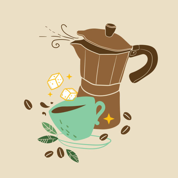 Boho Cofee Cup with Moka Pot Boho style vector art illustration of a coffee cup with moka pot luxury coffee machine stock illustrations