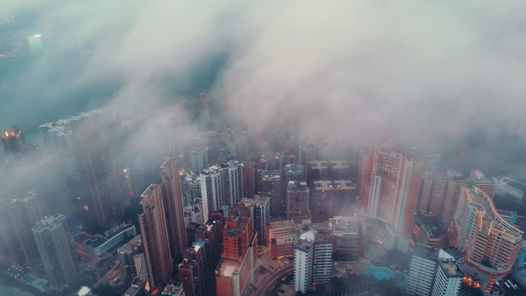 Aerial view of Hong Kong cityscape skyline cloudy environment