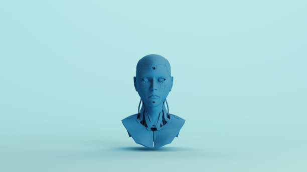 istock Blue cyborg robot bust artificial intelligence mechanical futuristic technology pale background 2159019703