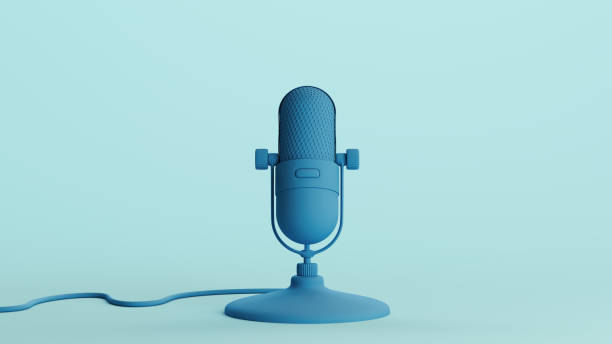 istock Blue microphone voice recording retro mic studio podcast pale background 2159019868