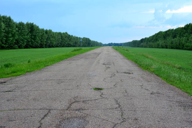 an asphalt road with cracks and a field and trees in the background