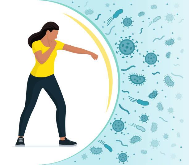 stockillustraties, clipart, cartoons en iconen met woman fighting germs and viruses - afweer
