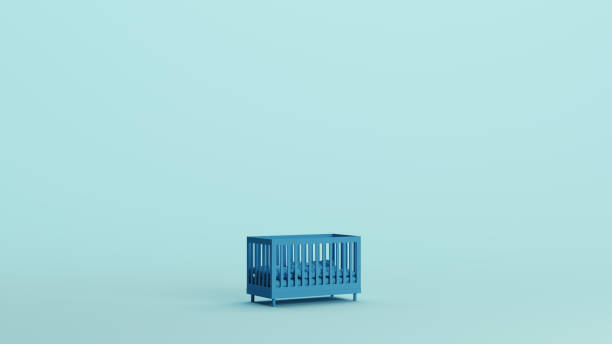 Blue cot crib manger baby infant bed cribb soft tones pale background 3d illustration render digital rendering