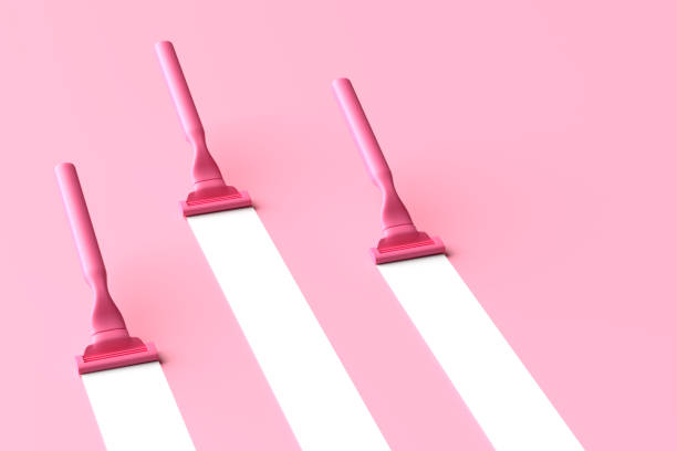 Pink razor blades with white trace on pink background. Shaving and personal body care concept. 3D render.