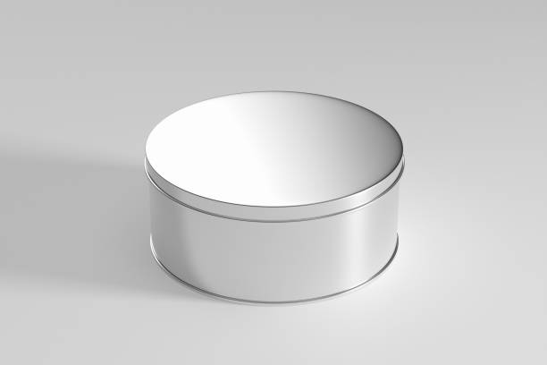 Round aluminum metal tin box on white background. High angle view. 3D render.