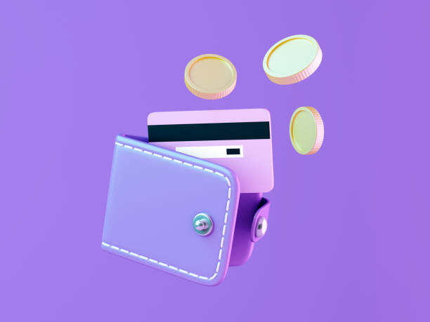 istock Wallet with Coins and Credit Card on Purple Background 2159028234