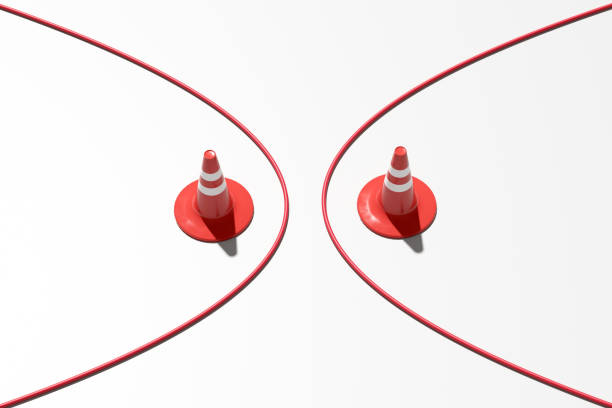 Traffic Cones divided by a red line in two different zones. Separation, confrontation, conflict or division concepts. 3D render.