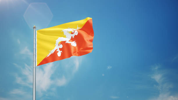3d Render Bhutan Flag Waving in the Wind in Blue Sky, Concepts of Democracy and International Relations