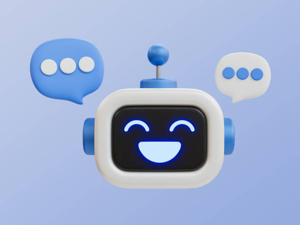 istock 3D illustration of a cheerful robot with chat bubbles. 2159035694