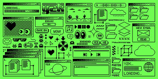 Rave Y2K computer window page acid green interface Rave Y2K computer window page with acid green interface screen and pixel buttons, vector background. Acid rave Y2K computer windows with 8 bit loading bars, file folders, music player and message box windows folder icon stock illustrations