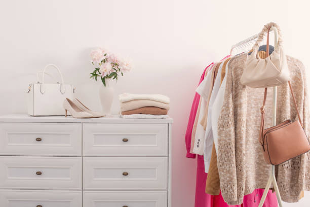 female clothes on hangers  in  white room