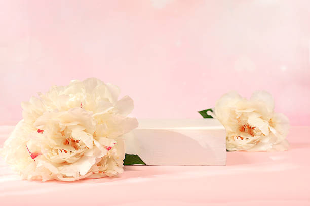 istock Minimal flower arrangement. Abstract background with empty podium and peonies flowers, empty showcase for display or presentation of cosmetic products, card with place for text, 2159046520