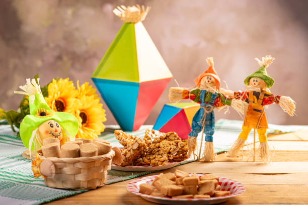istock Festa Junina, beautiful rustic table with dishes containing various types of sweets for Festa Junina in Brazil, selective focus. 2159059012