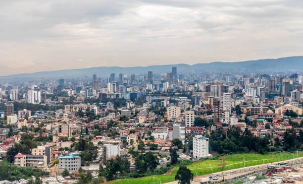 Residential districts with rapidly developing downtown of central business district of ethiopian capital Addis Ababa, Ethiopia