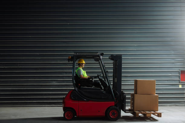 Yellow forklift lifting a large blue shipping container, minimal 3D rendering style, isolated on white background, concept of logistics and freight transport