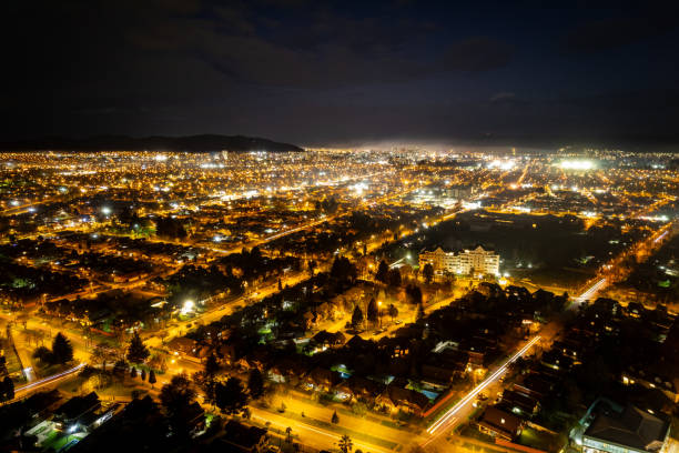 Aerial view of Temuco streets at night in southern Chile