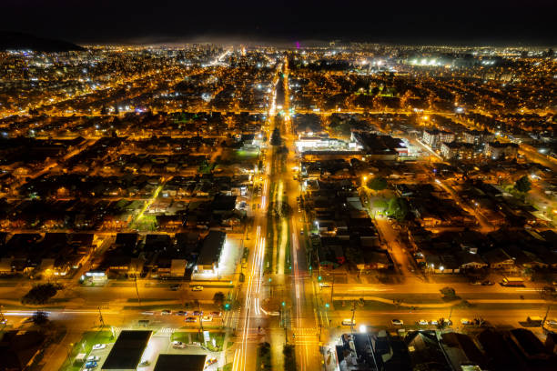 Aerial view of Temuco streets at night in southern Chile