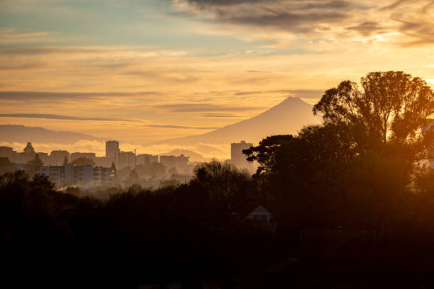 Sunrise in Temuco and Llaima volcano as background in southern Chile