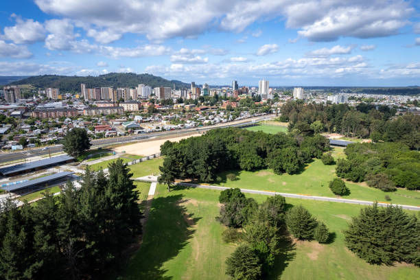 Aerial view of Temuco from Isla Cautin park in southern Chile